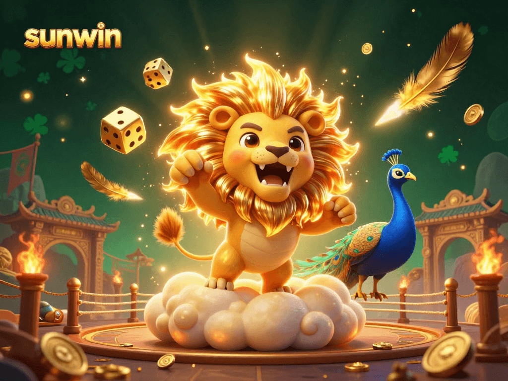 Experience the thrill of sunwin with a roaring lion and golden dice in this vibrant casino scene.