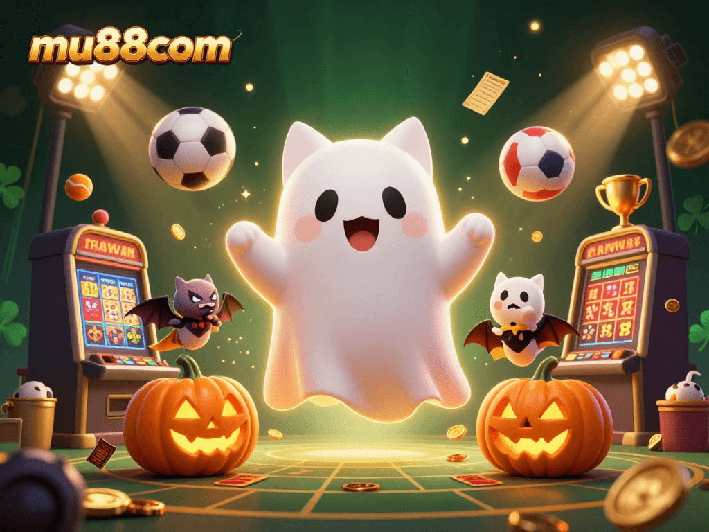 Exciting mu88com gaming scene with a friendly ghost cat, sports elements, and glowing jackpots.