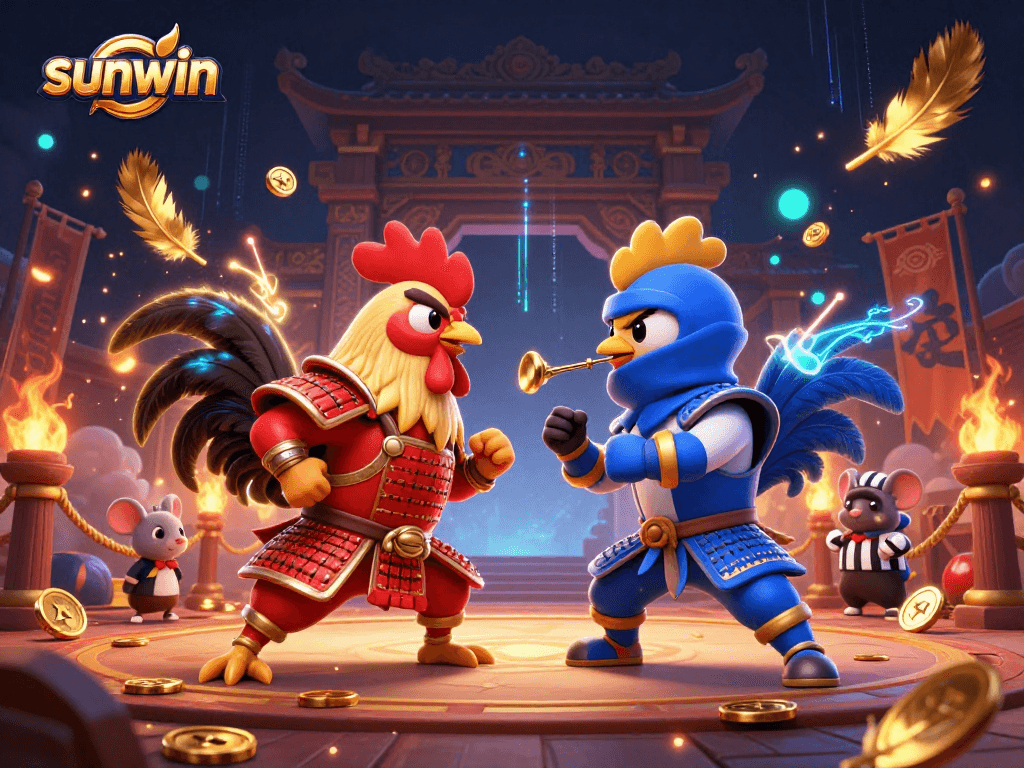 Sunwin engages players with a thrilling cockfighting arena scene featuring dynamic roosters.