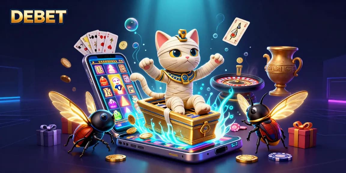 DEBET offers thrilling gaming experiences with colorful slots and casino action in a captivating scene.