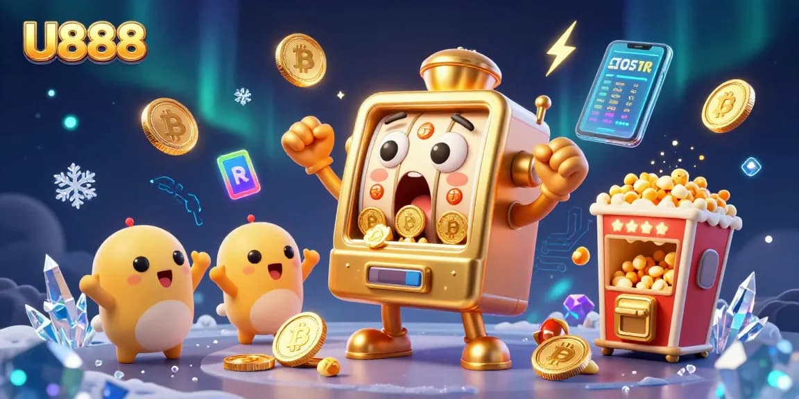 Win big with U888 as the golden slot machine hits the jackpot, surrounded by celebratory elements.