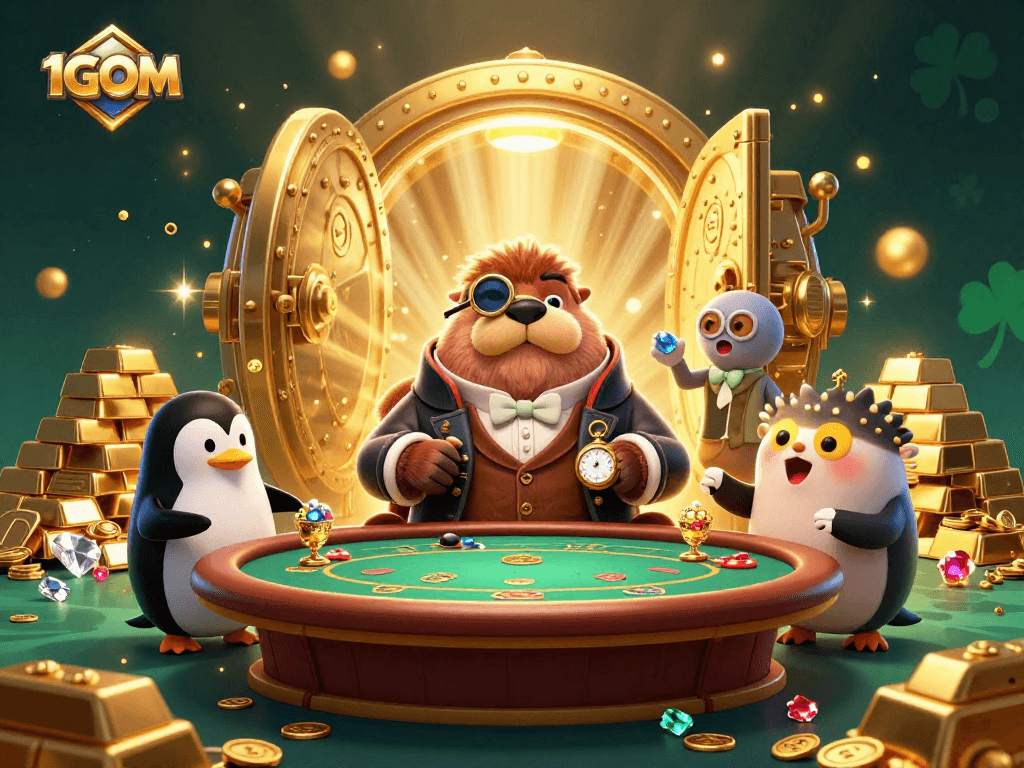 1GOM showcases a lively 3D poker scene with a walrus, a dealer, and a bluffing fish.