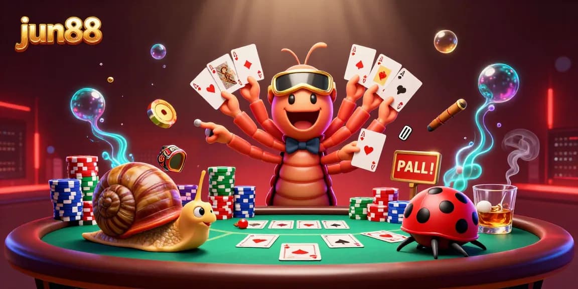 Experience the excitement of jun88 with a vibrant casino scene featuring a lively cartoon dealer.