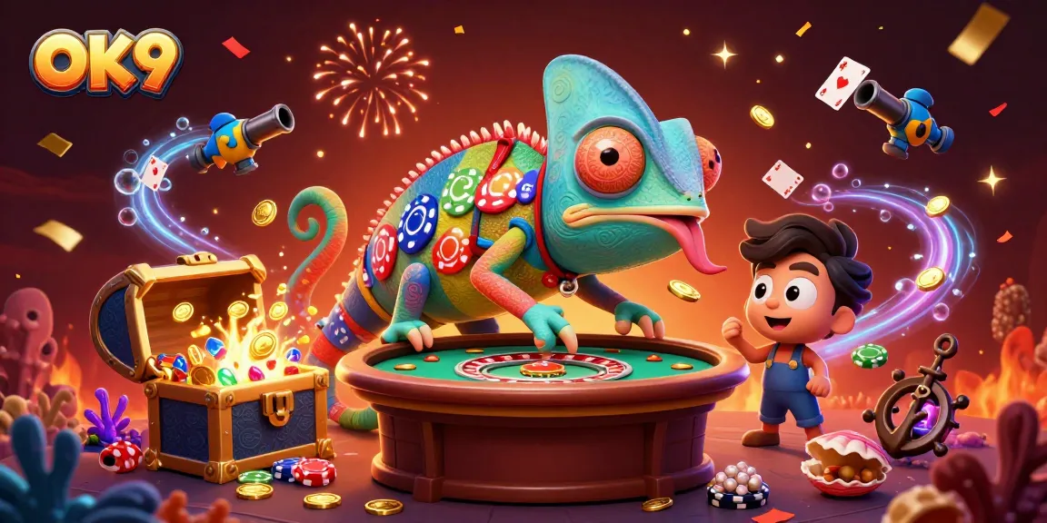 Spin into excitement with OK9's vibrant scene showcasing a casino-filled adventure with colorful games.