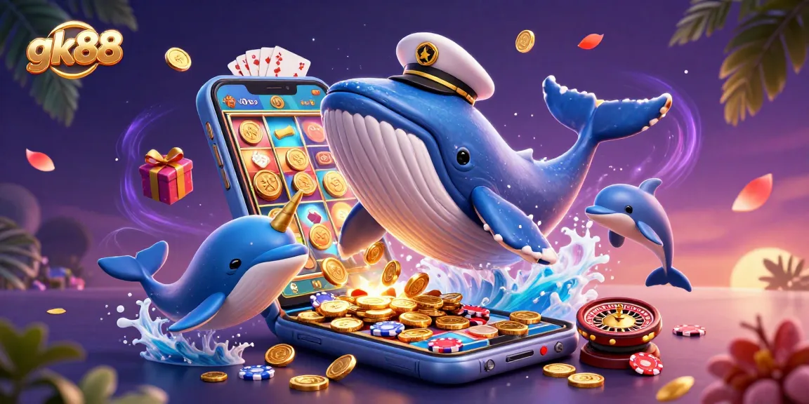 Experience gk88's thrilling adventures with an enormous whale mascot and friends amid casino action.