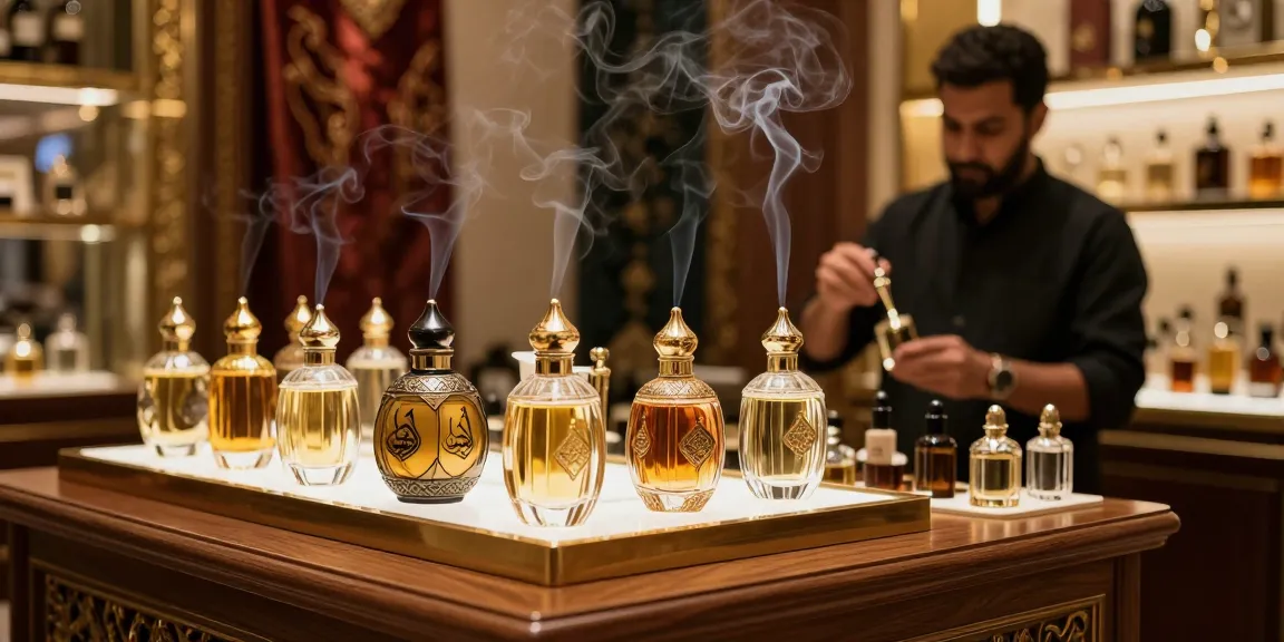 Elegante presentatie van Arabische parfums in een luxe boetiek met decoratieve flacons.