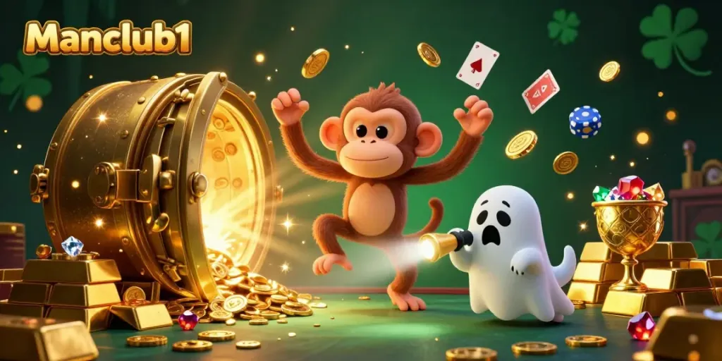 Experience the thrilling action of manclub1 with a ghost-hunting puppy and a mischievous monkey juggling golden treasures.