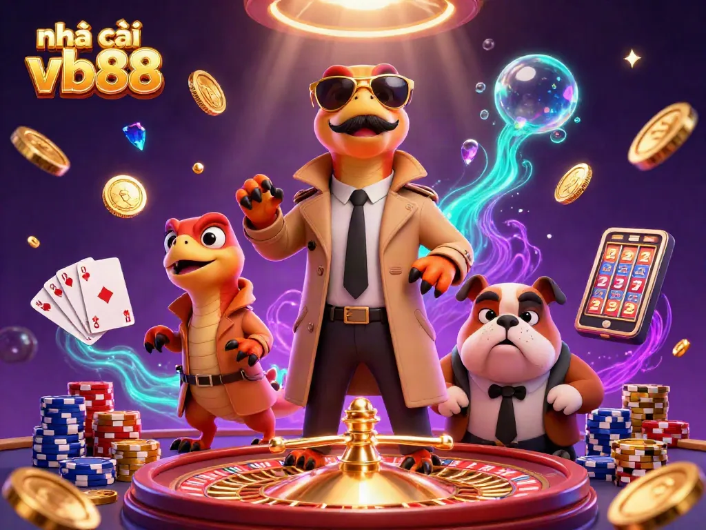 Experience the excitement at nhà cái vb88 with animated raptors entering a VIP casino lounge.