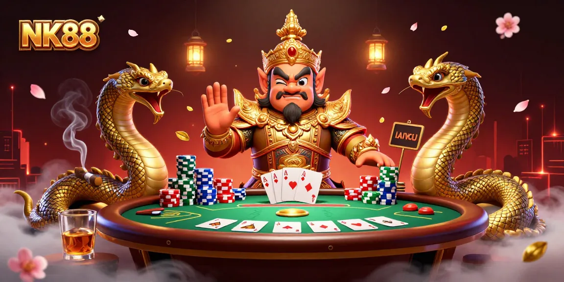 Engage with thrilling poker action at NK88's online casino, showcasing dazzling chips and captivating characters.