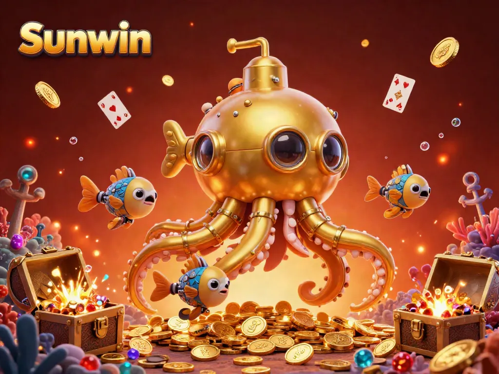 Experience the excitement of Sunwin with golden kraken and coins in this vibrant casino illustration.