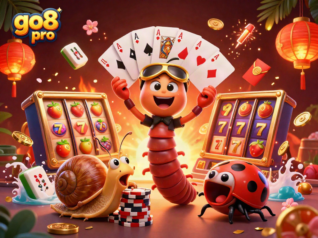 Experience go8 pro's exciting gameplay with vibrant slot action in a colorful scene.