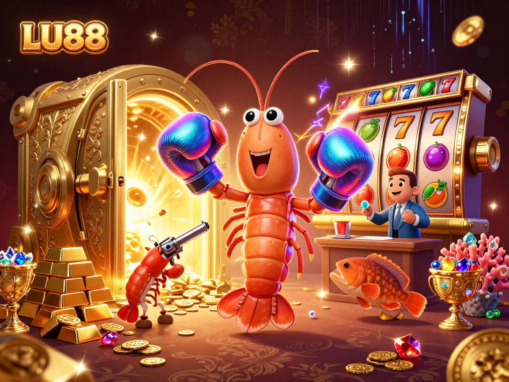 LU88 slot game scene featuring vibrant characters and treasure, showcasing jackpot excitement