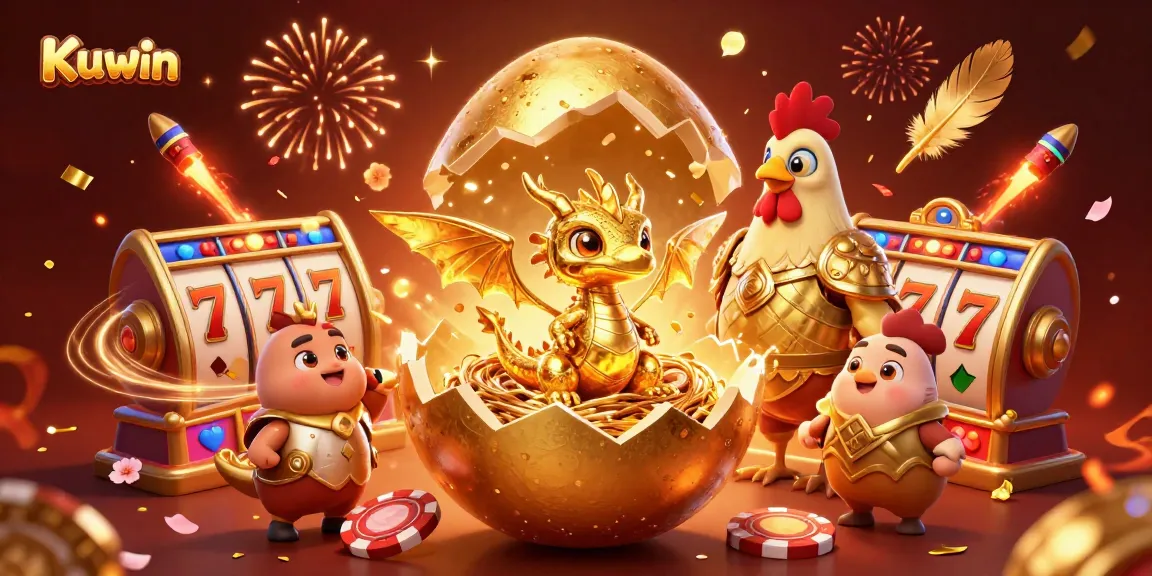 Kuwin offers an exciting gaming experience with a golden baby dragon resting on poker chips, emphasizing the thrill of jackpot slots.