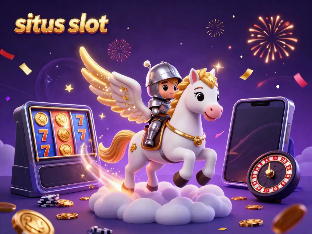 Experience thrilling gameplay on situs slot with a magical scene of a horse and knight amidst vibrant casino elements.