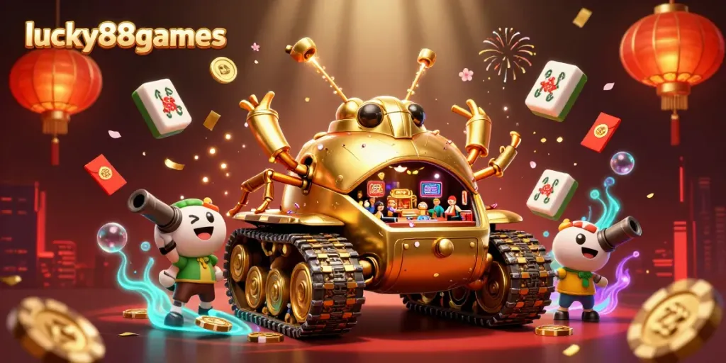 Engage with lucky88games in a vibrant casino scene featuring a dynamic golden beetle tank and elaborate gaming elements.
