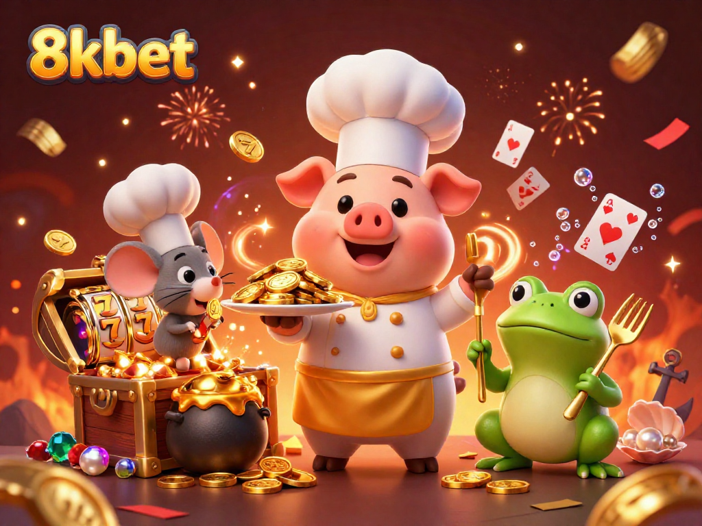 Experience the exciting world of 8kbet with a captivating 3D scene featuring a chef pig and treasures.