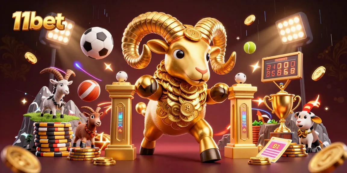 Engage with 11bet through an electrifying casino scene featuring dynamic sports elements and golden prizes.