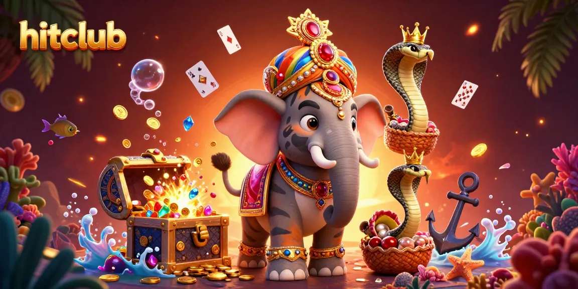 Join the excitement at hitclub with a vibrant scene of gaming treasures and animated characters.