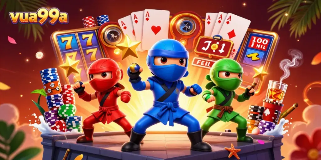 Experience the vibrant world of vua99a with 3D ninja chameleons in action around slot machines.