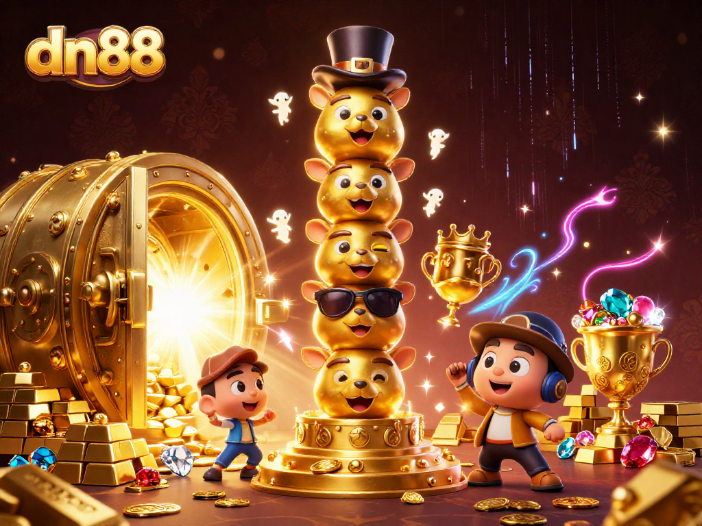 Experience thrilling gameplay at dn88 with vibrant casino-themed illustration showcasing winning treasures.