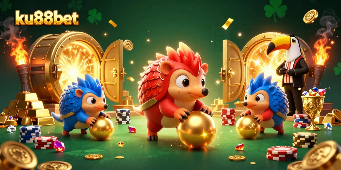Engage in thrilling action with ku88bet as rival pangolins roll golden balls and bowl poker chips.