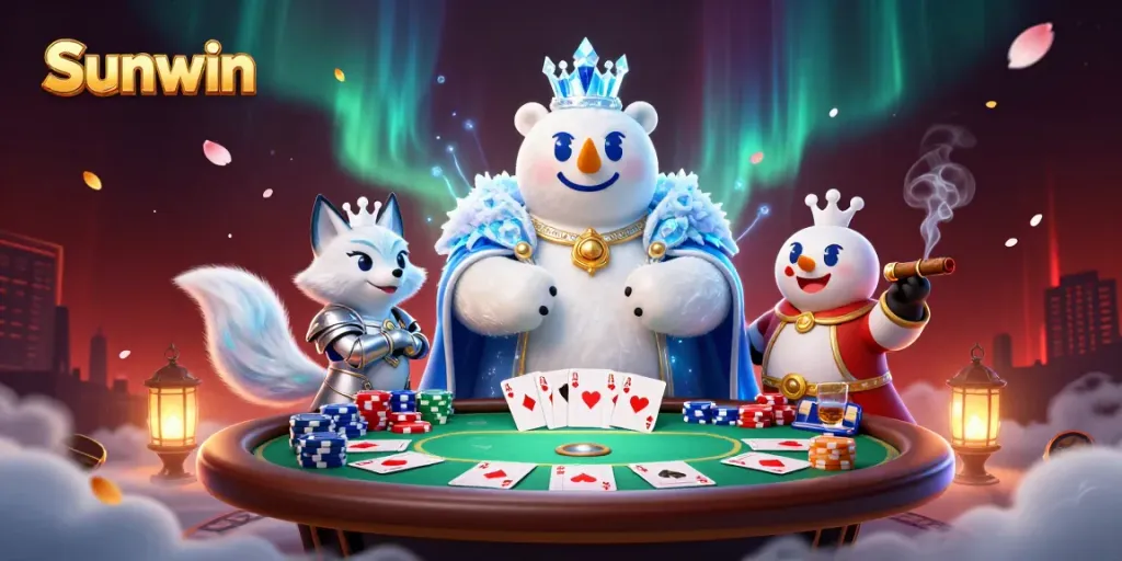Play thrilling poker at Sunwin with an ice king polar bear and snow fox amid vibrant gaming elements.