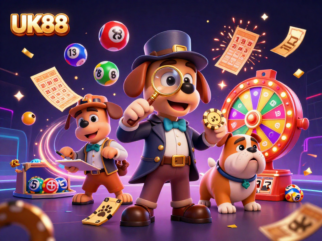 Join the excitement at UK88 with an energetic scene of a detective, clues, and dynamic lottery elements.