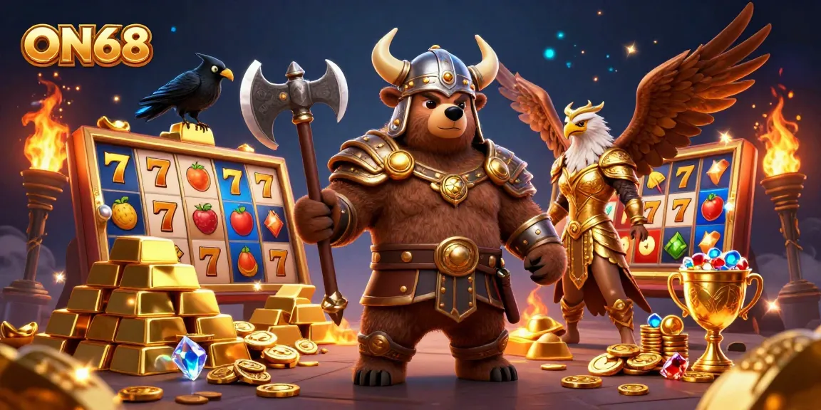 Engage in thrilling wins with ON68's Viking berserker bear and Valkyrie eagle among slot reels and jackpots.