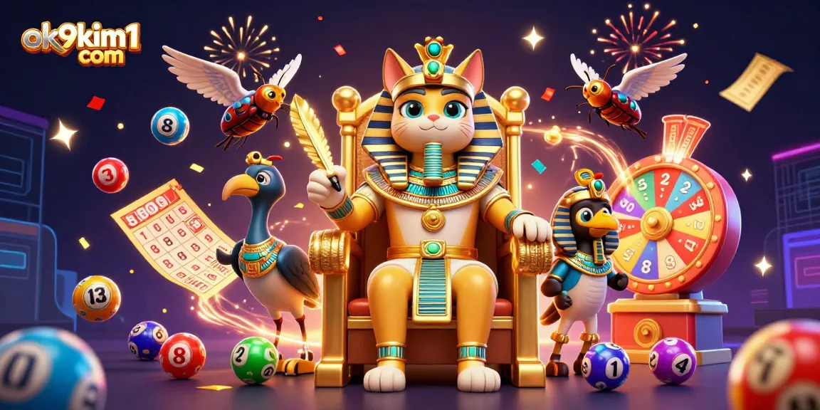 Engage with exciting games at ok9kim1 com featuring a dynamic pharaoh cat, lottery elements, and vibrant casino atmosphere.