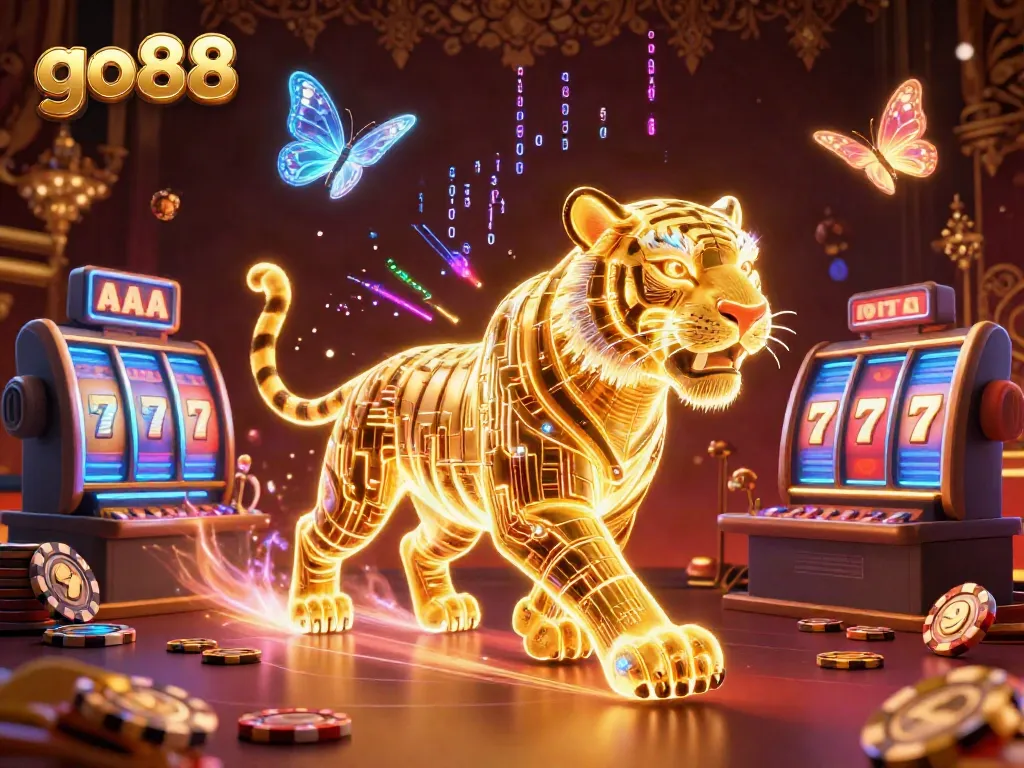 Bet on go88 with a vibrant casino scene featuring a golden tiger and slot reels.
