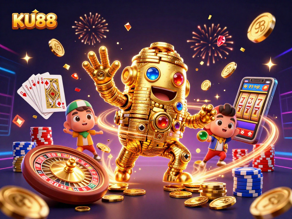 Win big with KU88: animated golden golem amidst casino delights