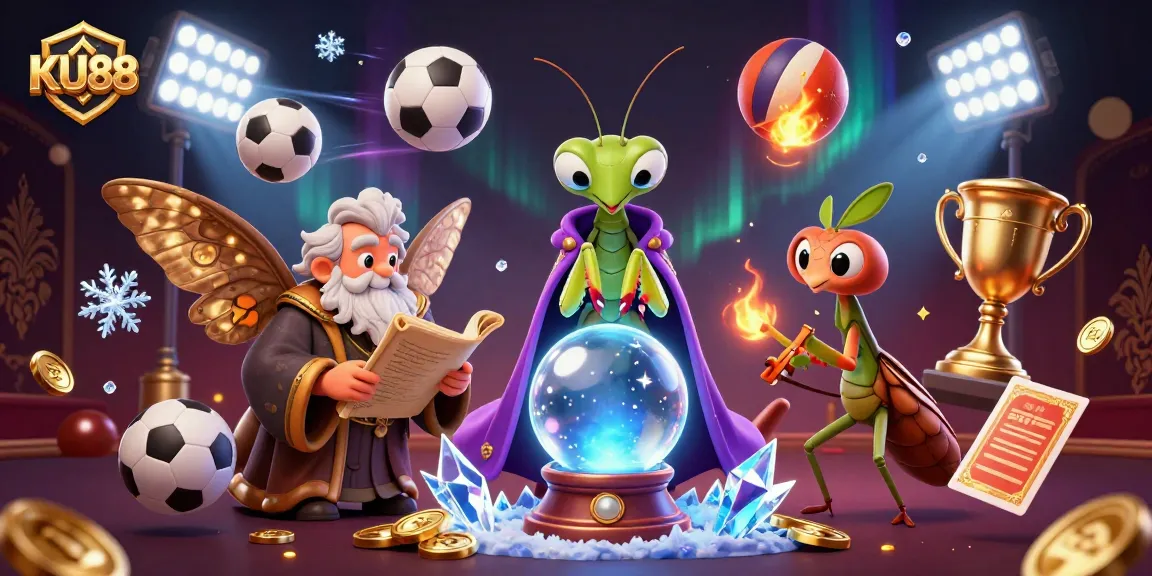 Engage with KU88's exciting realm of gambling through a dynamic 3D casino illustration featuring fortune tellers and vibrant sports elements.
