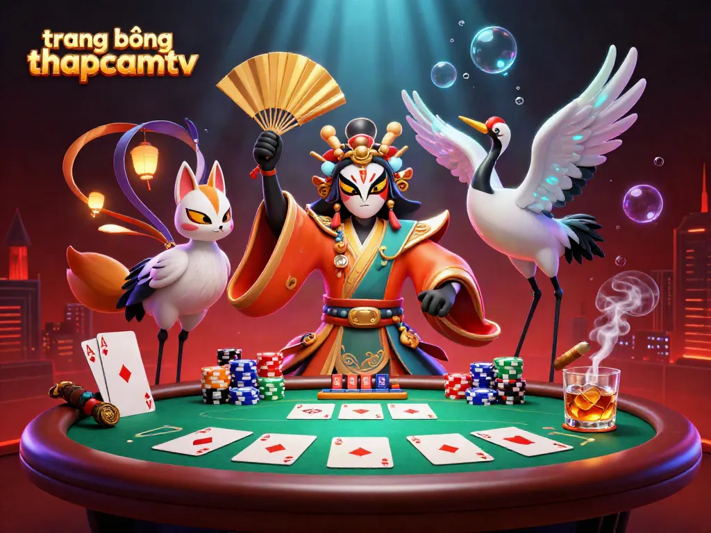 Experience the excitement of trang bóng thapcamtv with a vibrant 3D scene featuring a kabuki warrior and poker elements.