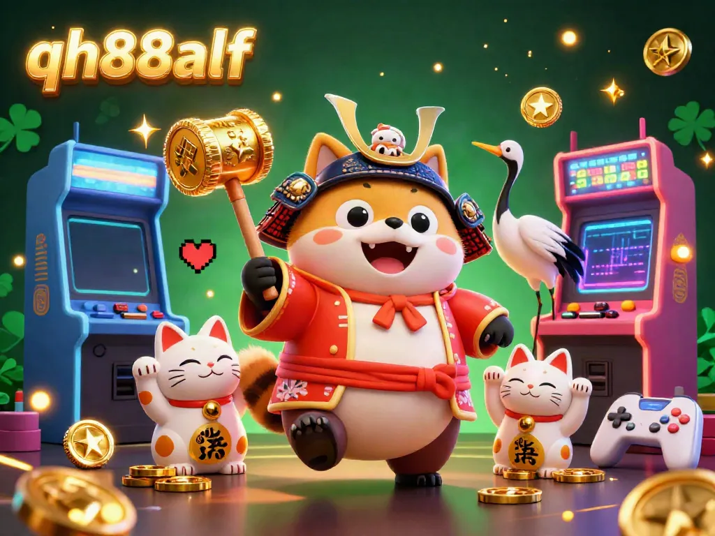 Engage with exciting 3D gaming elements featuring qh88alf, a cheerful tanuki and colorful maneki-neko in a vibrant casino setting.