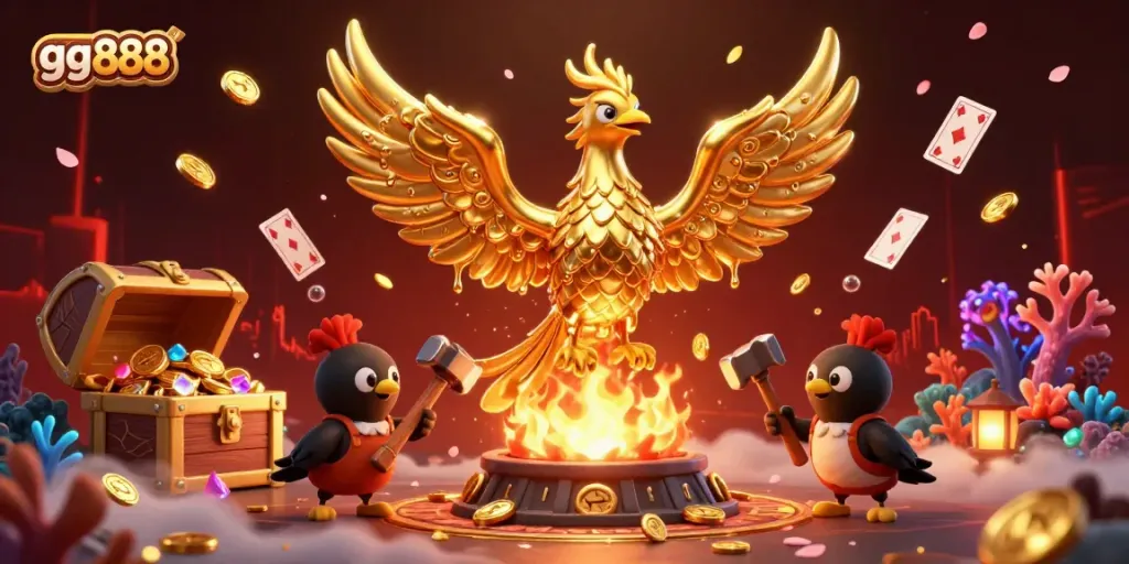 Engage in thrilling casino adventures with gg888's golden phoenix illustration, embodying excitement and wealth.