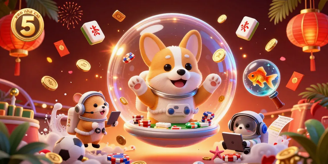 Engage with keo nha cai 5 as the astronaut corgi explores a dynamic space betting casino filled with colorful elements.