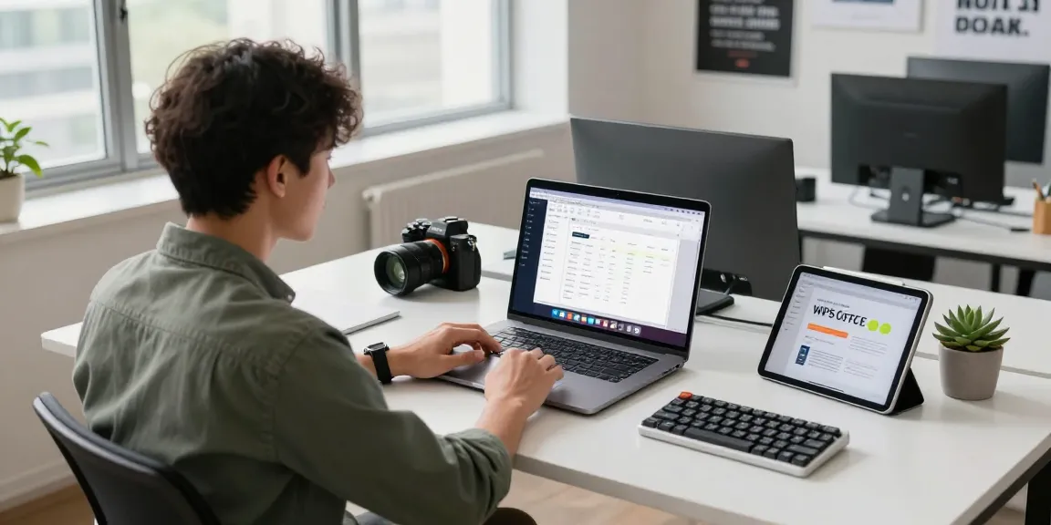 Download WPS Office: Professional working at a modern office desk with WPS Office displayed on the laptop.
