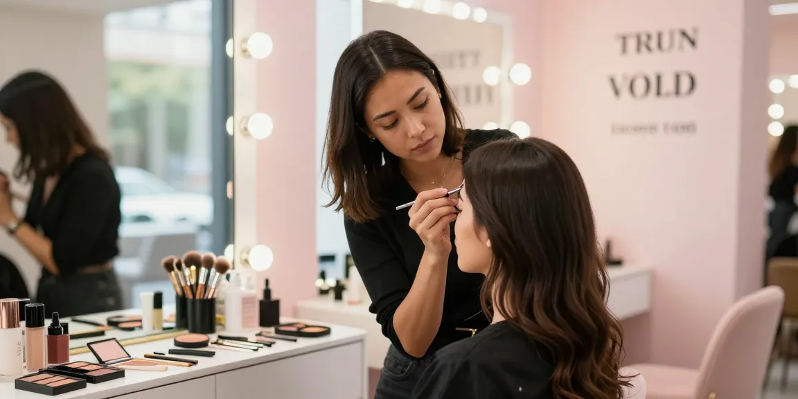 Expert die powder brows aanbrengt in een chique schoonheidssalon, die kunstenaarschap en elegantie uitstraalt.