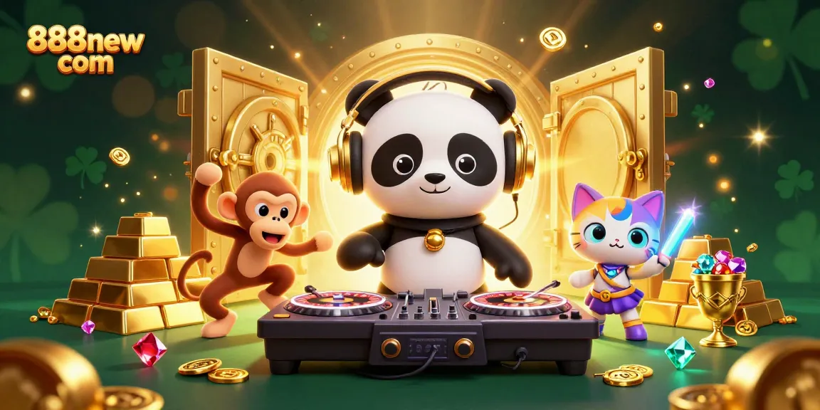 Experience thrilling fun at 888new com with a dynamic 3D casino scene featuring colorful characters and vibrant game elements.