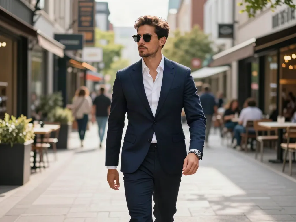 Stijlvolle man in moderne heren kleding online, wandelend in een drukke stad.