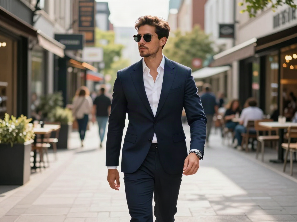 Stijlvolle man in moderne heren kleding online, wandelend in een drukke stad.