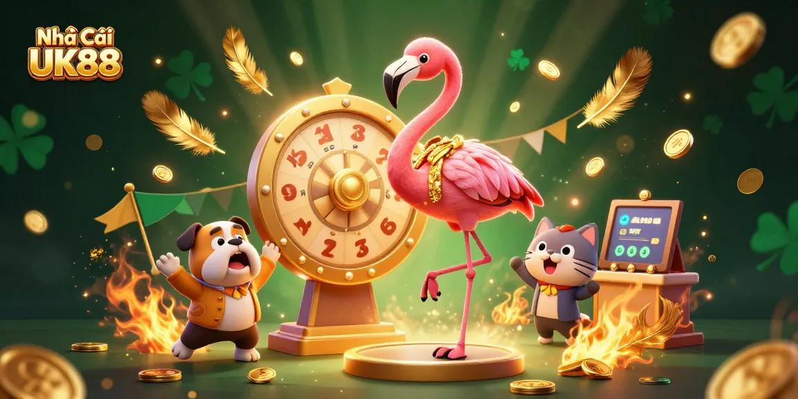 Engage with Nhà Cái UK88 as the game show host spins a golden wheel, revealing exciting prizes in a vibrant casino setting.