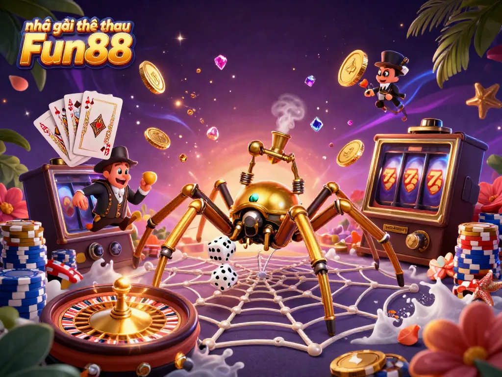 Experience thrilling games at Nhà cái thể thao Fun88 with a 3D steampunk spider illustration.