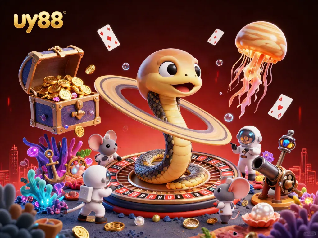 Engage in thrilling actions at uy88 with a dynamic casino scene featuring spacecraft and treasure.