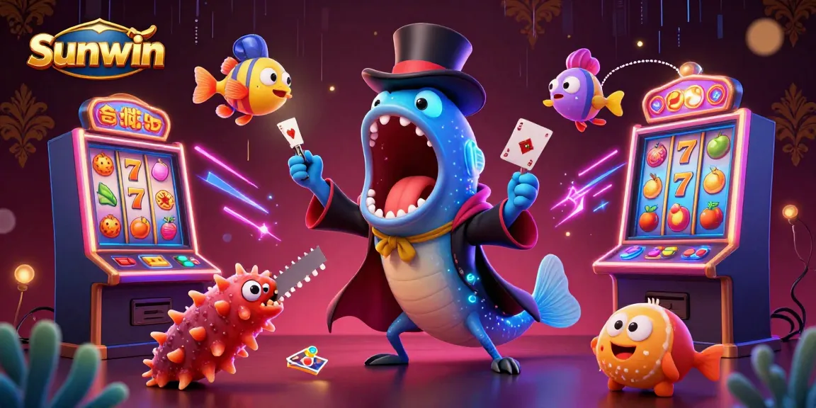 Sunwin showcases an exciting magic scene with a deep-sea gulping eel performing card tricks amidst glowing casino elements.