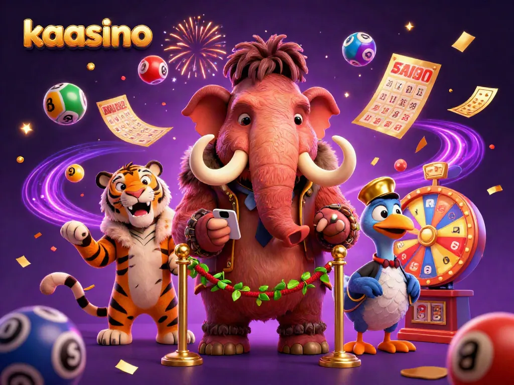 Experience the lively atmosphere of kaasino with colorful lottery balls, a mammoth bouncer, and a dodo doorman.