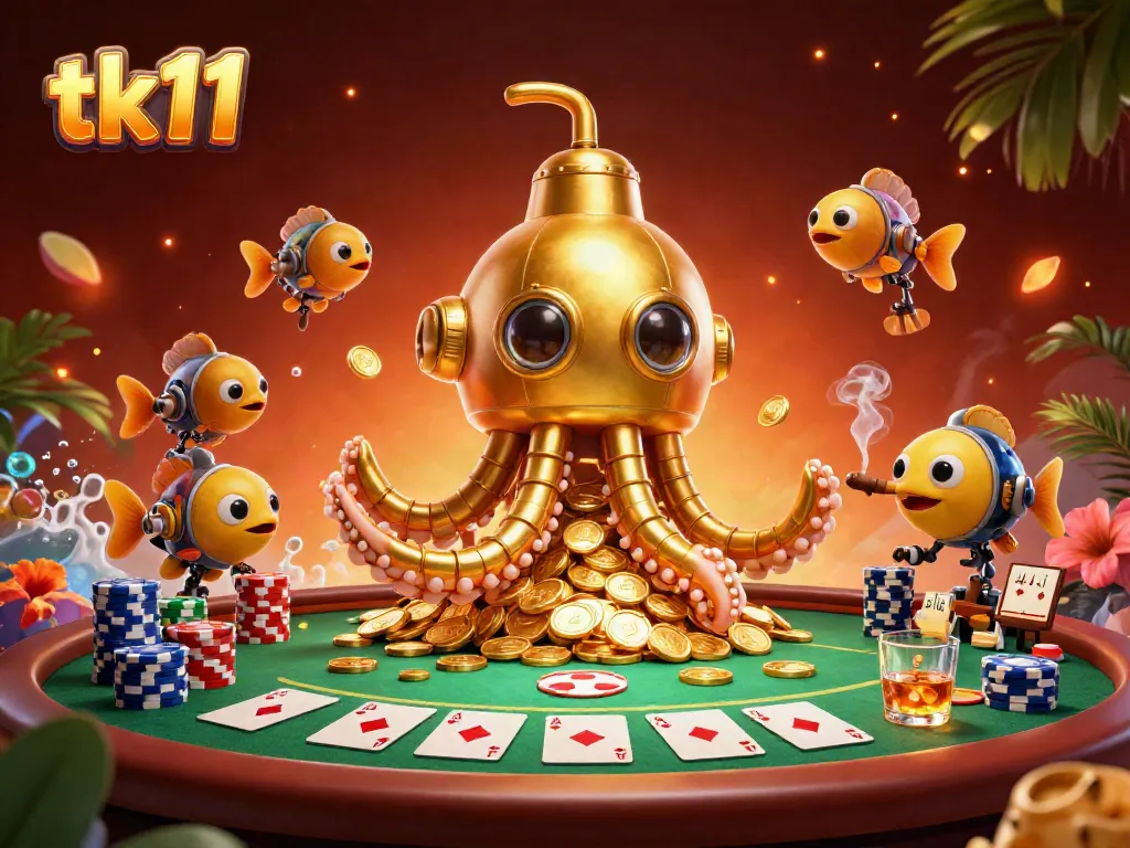 Experience the thrill of tk11 with a lively 3D casino scene featuring a golden kraken submarine and poker elements.