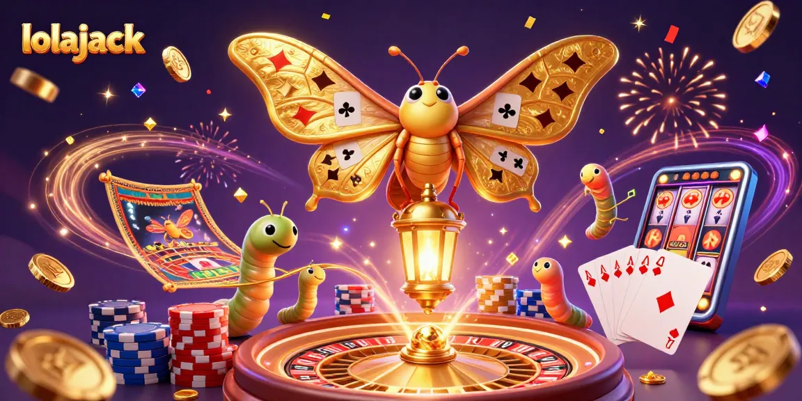 Experience the thrill of lolajack casino with vibrant visuals of spinning roulette, floating gems, and a magical moth.