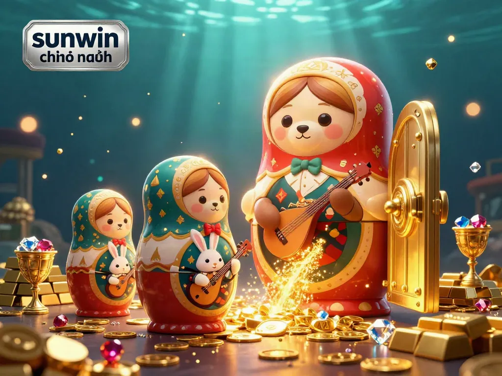 Immerse yourself in the world of sunwin chính hãng with a dazzling casino-themed 3D illustration featuring playful characters and gold treasures.