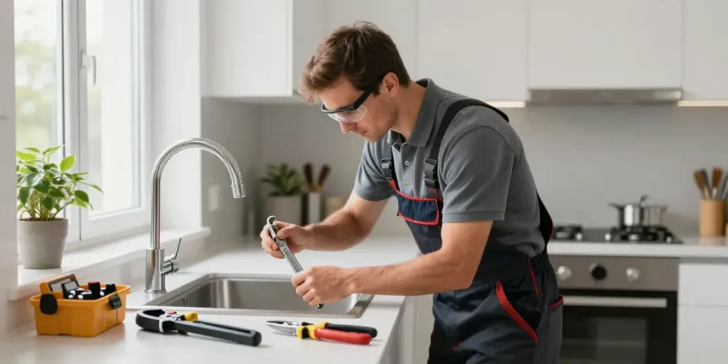 Een professionele plumber Brussel repareert een lekkende kraan in een moderne keuken, omringd door gereedschap.